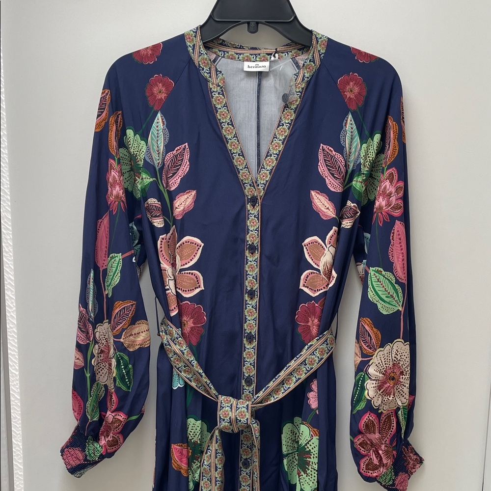 Hermoza NWT Johanna Tie Dress Navy Flora Long Sleeve Size XS Dress - Picture 2 of 10
